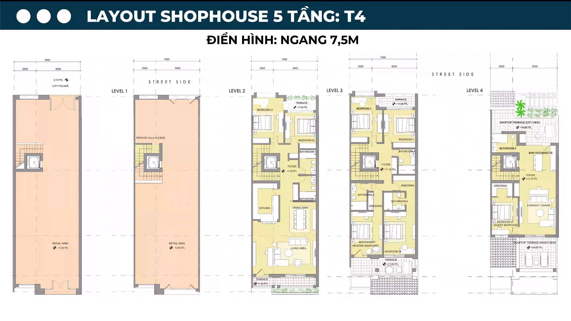 Layout thiết kế Shophouse 5 tầng T4 tại Sun Symphony Residence.