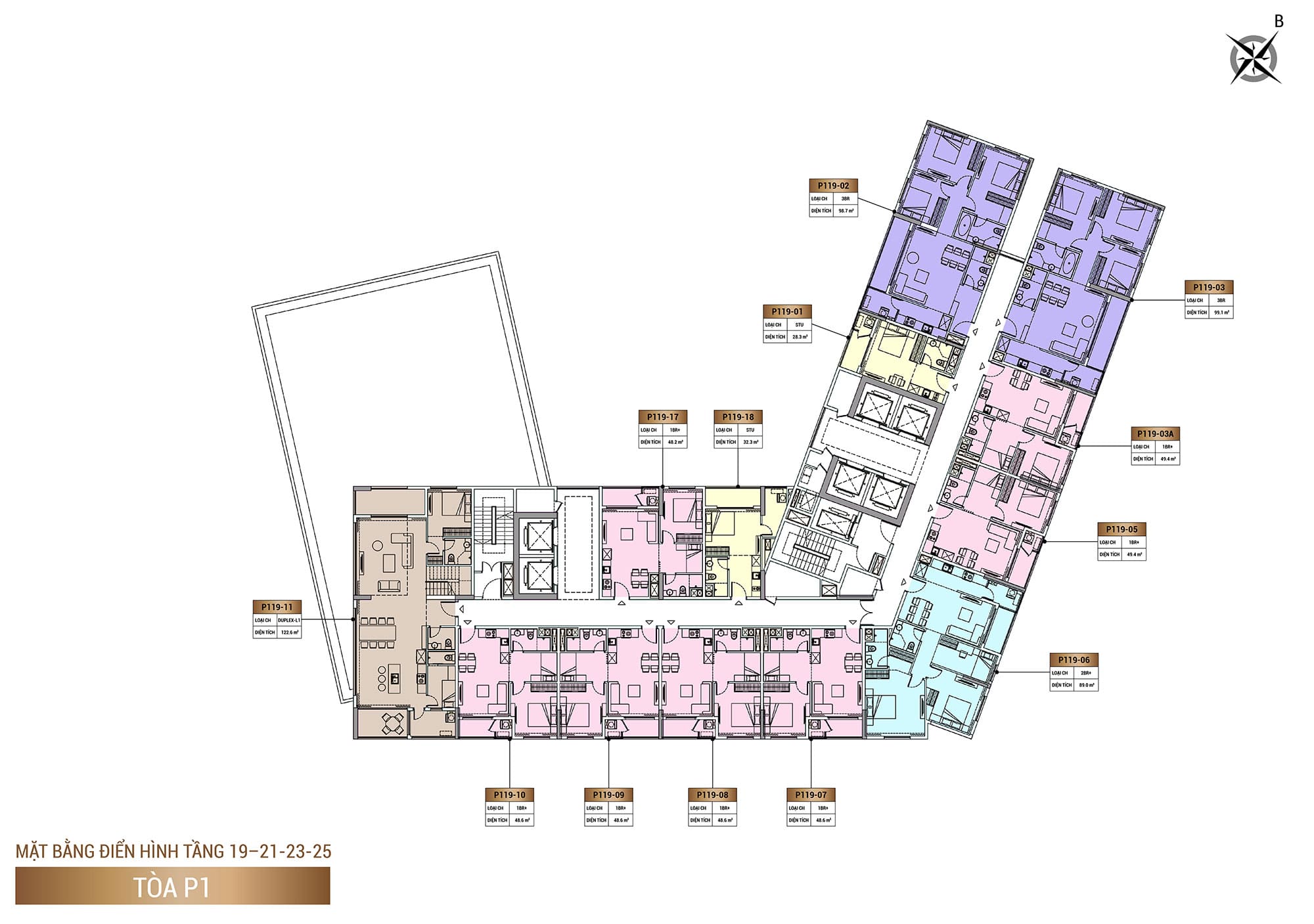 Mặt bằng Tầng 19, Tầng 21, Tầng 23, Tầng 25, Tòa P1, phân khu The Panoma dự án Sun Cosmo Residence.