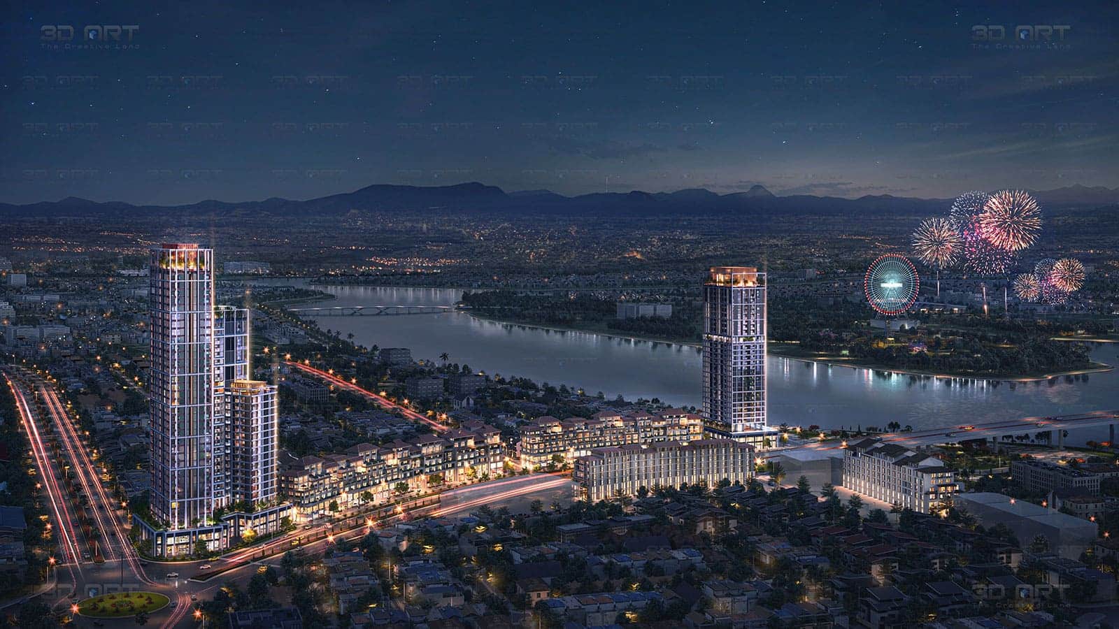 Phối cảnh 2 tòa căn hộ thuộc dự án Sun Cosmo Residence Đà Nẵng tọa lạc bên bờ Sông Hàn.